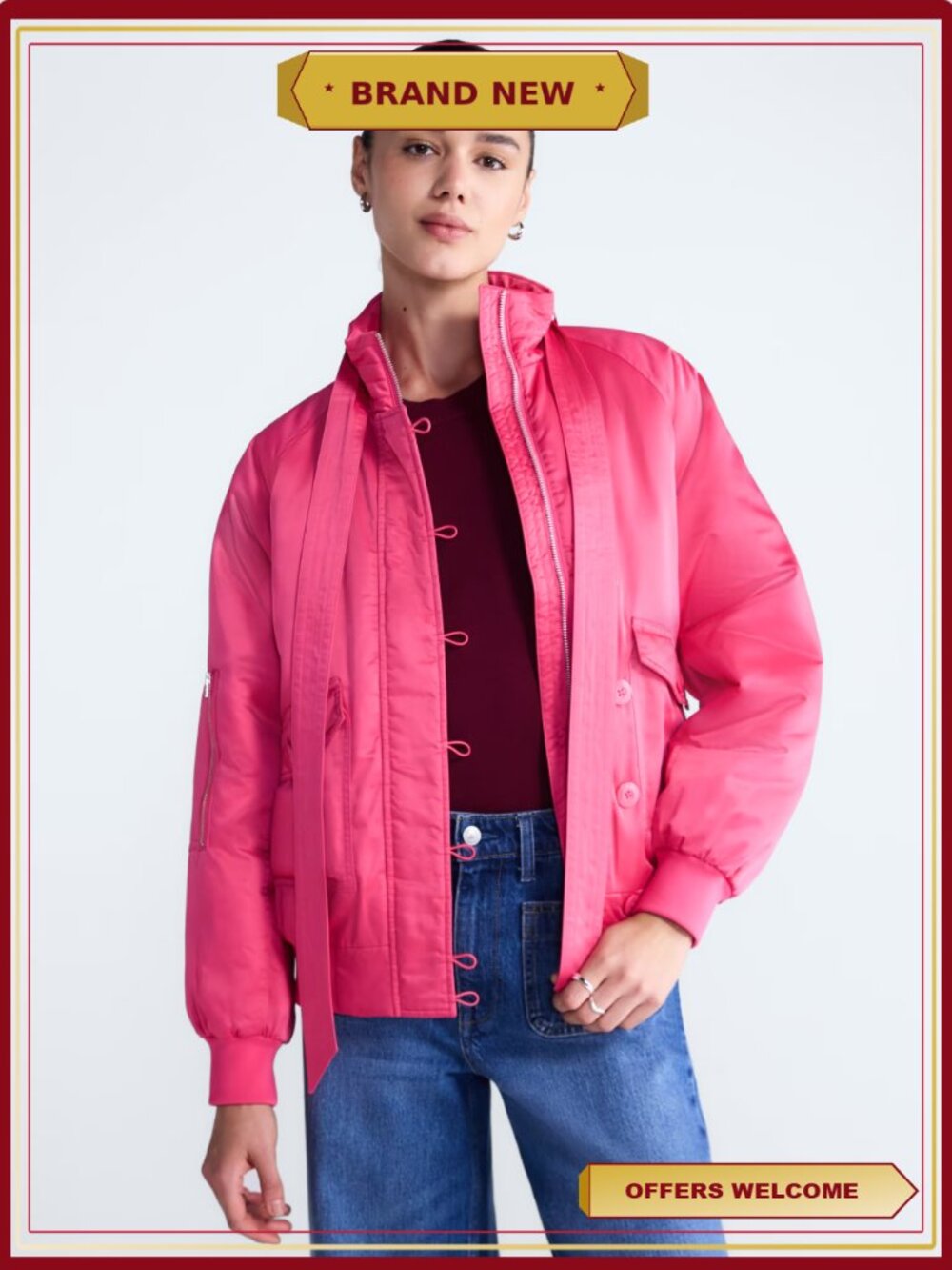 Tie-Neck Bomber Jacket with Raglan Sleeves & Ribbed Trim